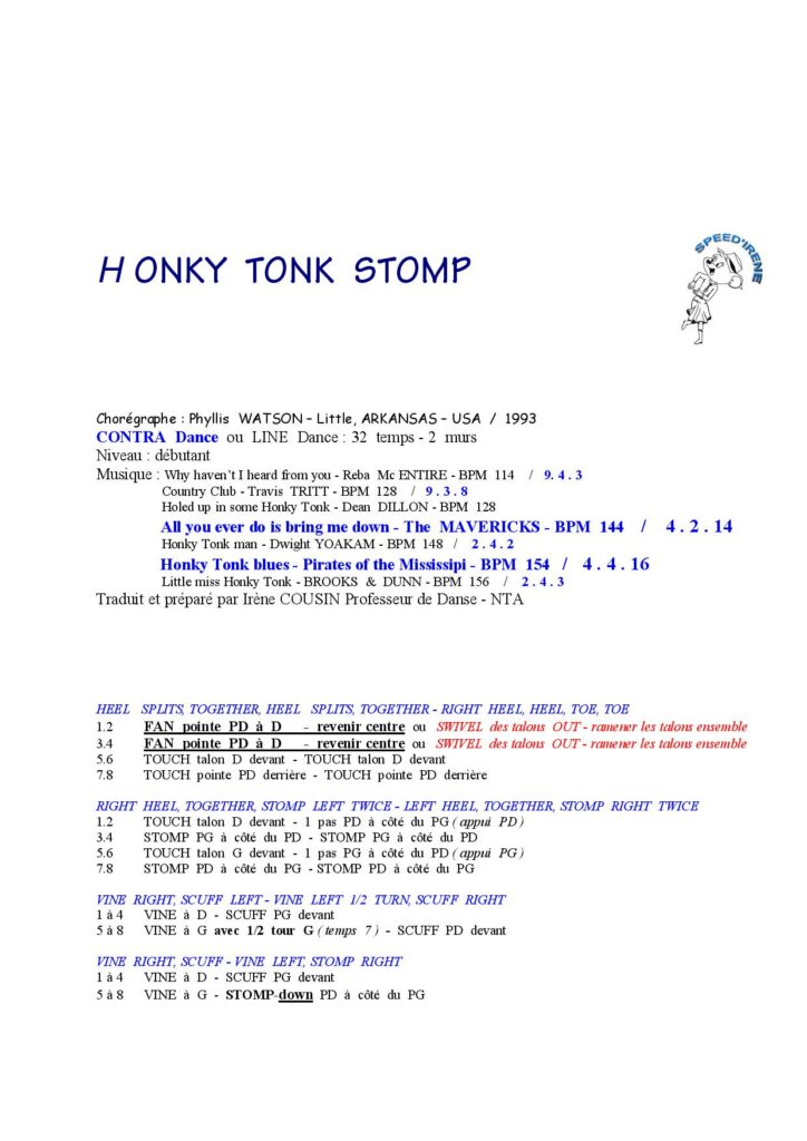 Fiche des pas de la danse Honky Tonk Stomp