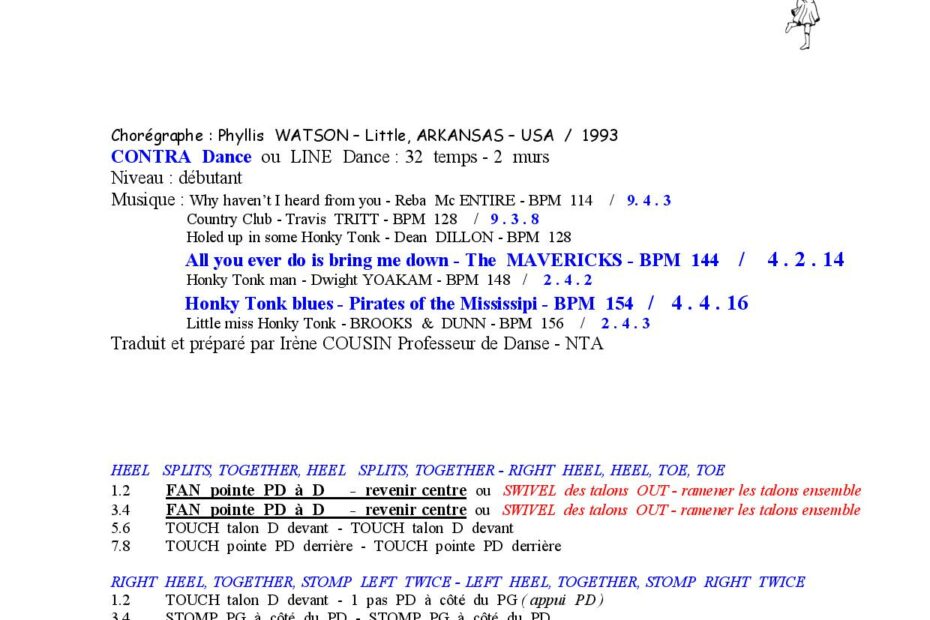 Fiche des pas de la danse Honky Tonk Stomp
