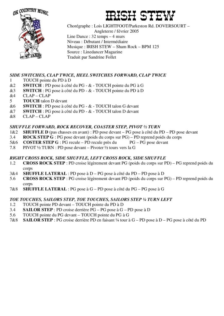 Fiche des pas de la dance Irish Stew