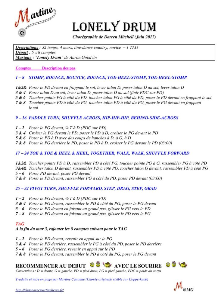 Fiche des pas de la danse Lonely Drum