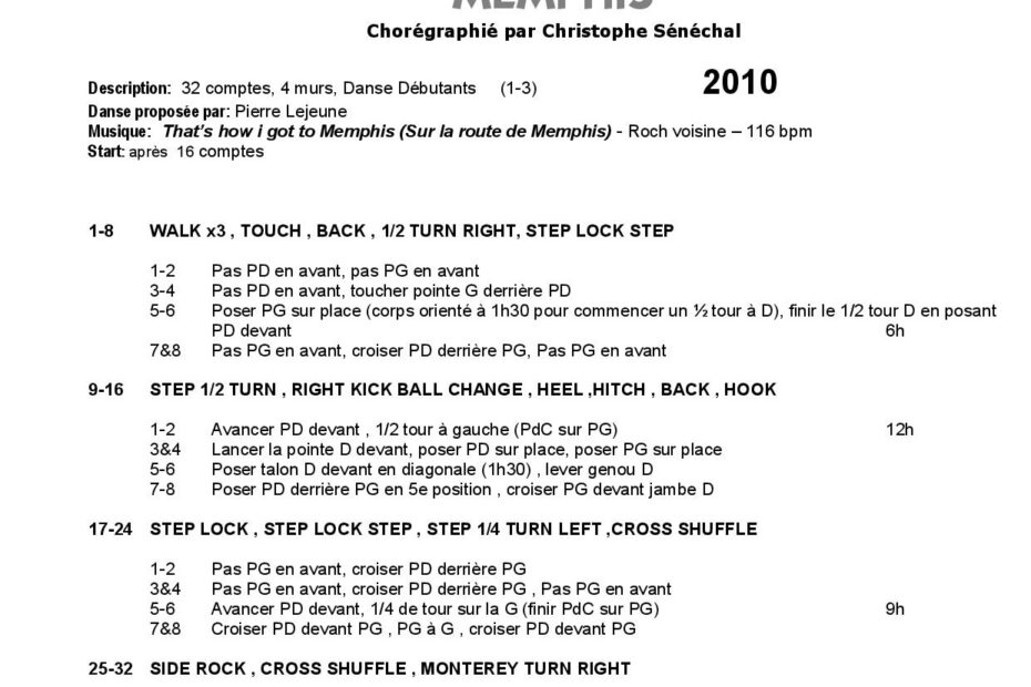 Fiche des pas de la danse Menphis