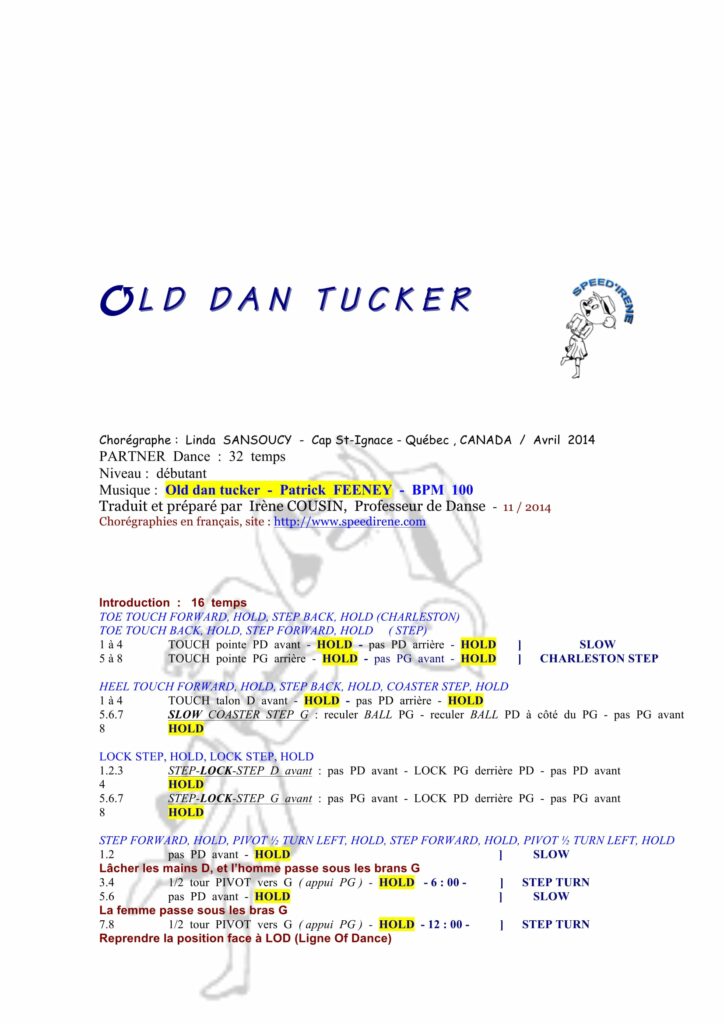 Fiche des pas de la danse Old Dan Tucker