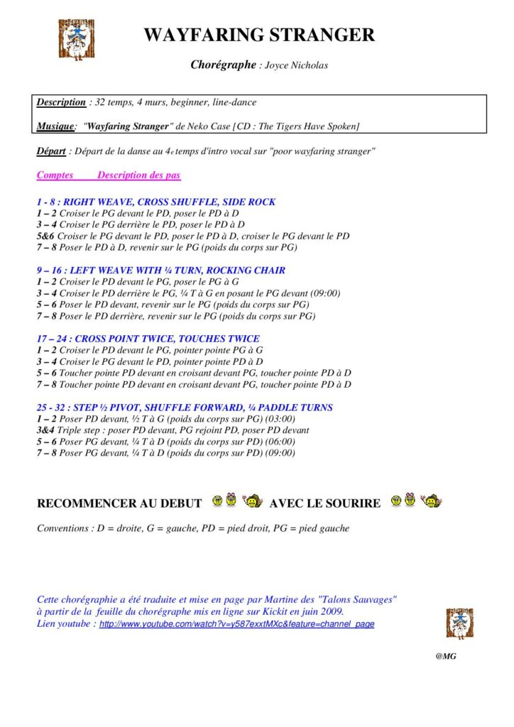 Fiche des pas de la danse Wayfaring Stranger