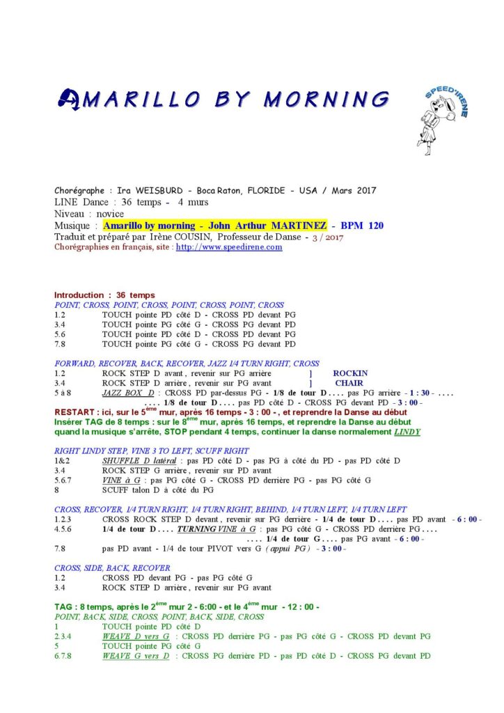 Fiche de pas de danse : Amarillo by morning