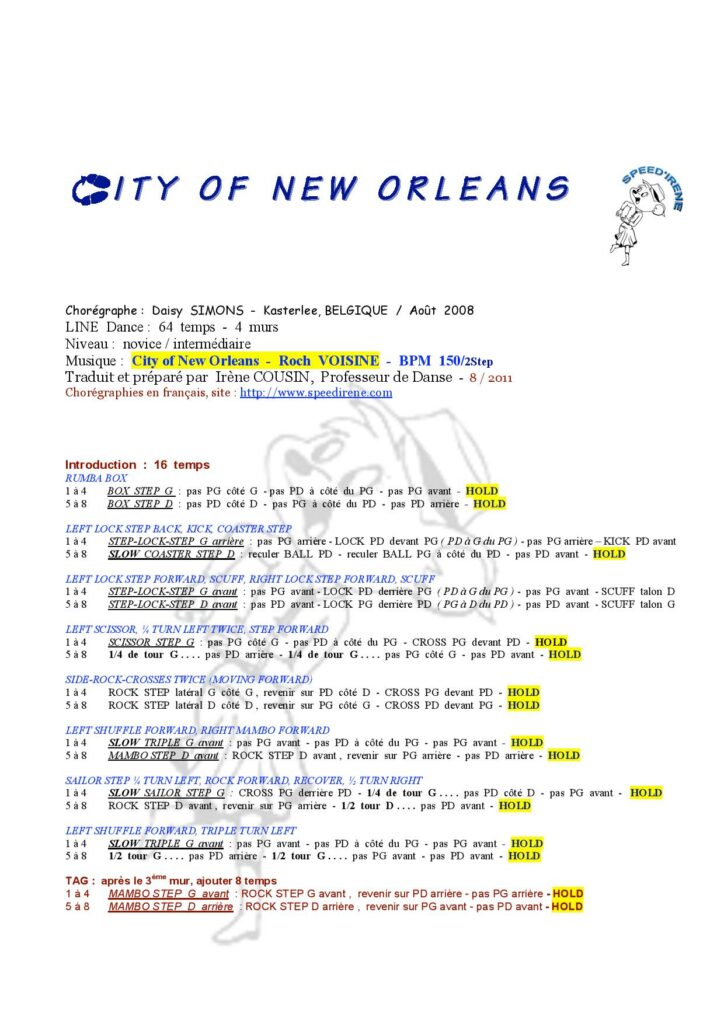 Fiche des pas de danse de City of New Orleans