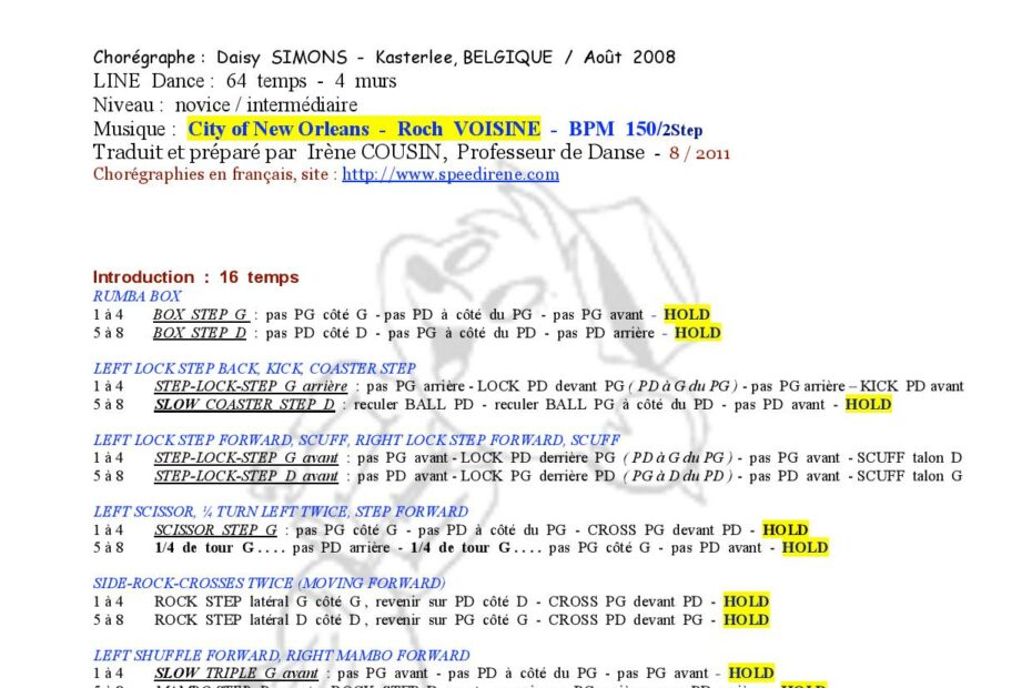 Fiche des pas de danse de City of New Orleans