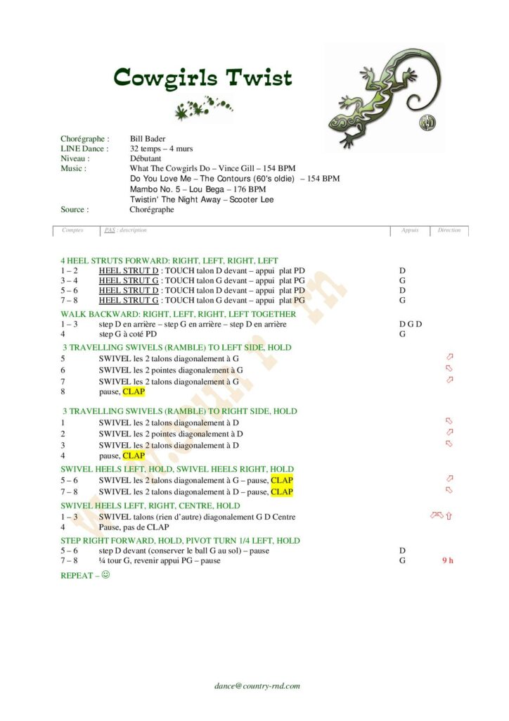 Fiche des pas de la danse Cowgirls Twist