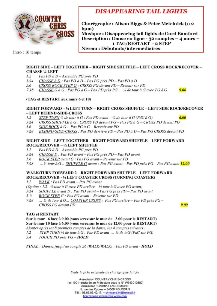 Fiche des pas de la danse Disappearing Tail Light.