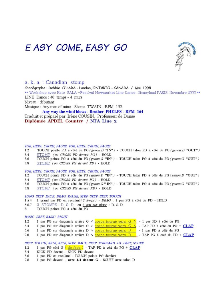 Fiche des pas de la danse Easy Come Easy Go