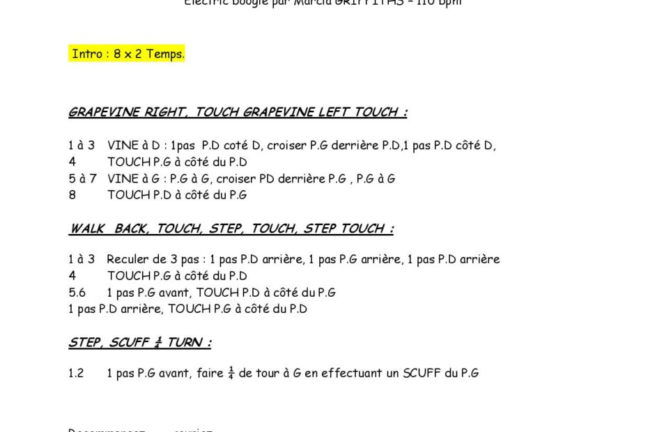 Fiche des pas de la danse Electric Slide
