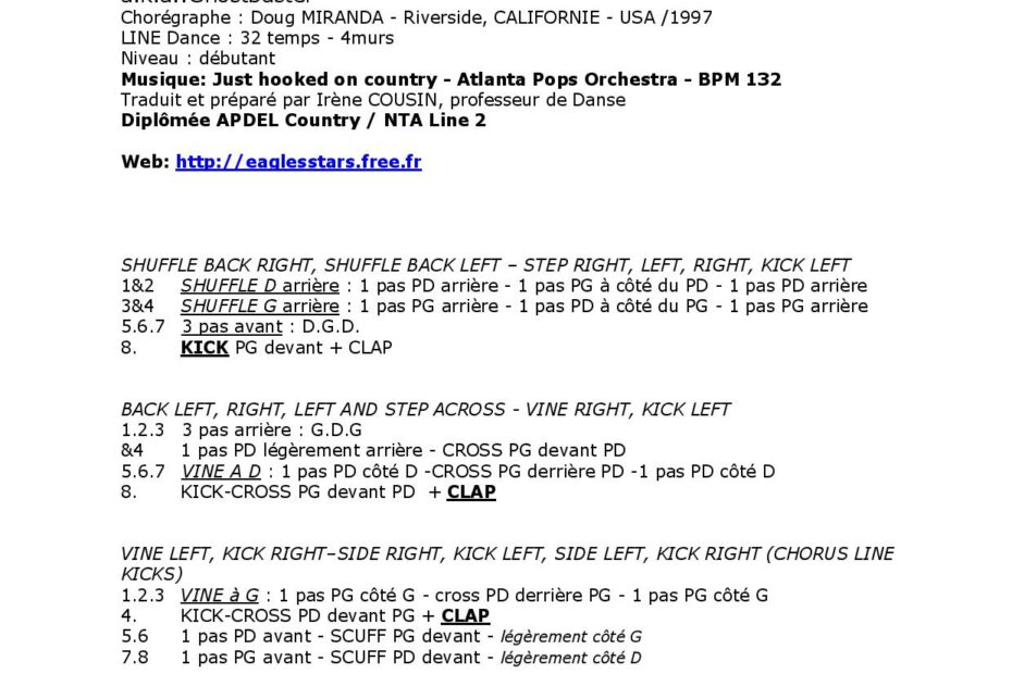 Fiche des pas de la danse Hooked on Country