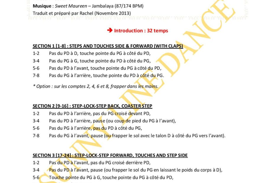 Fiche des pas de la danse Sweet Maureen